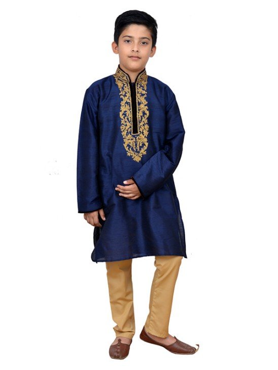 NAVY BLUE HEAVILY EMBROIDERED KURTA SET AND PYJAMA READY MADE BOYS SUIT