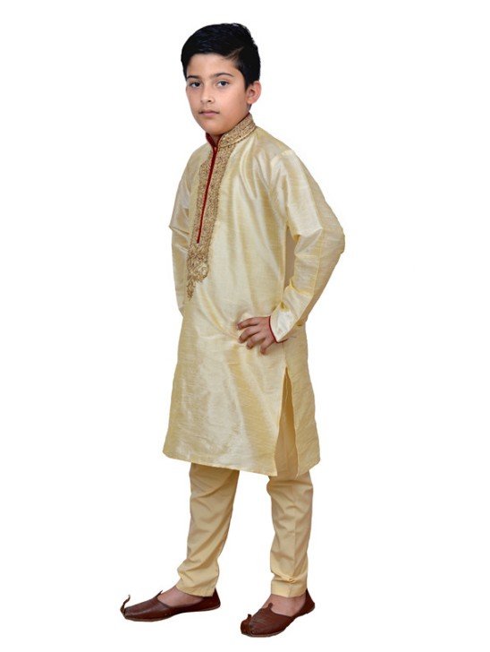 GOLD BEIGE EMBROIDERED KURTA AND PYJAMA BOYS WEAR READY MADE SUIT