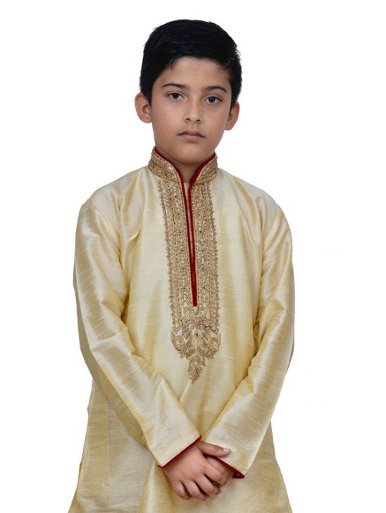 GOLD BEIGE EMBROIDERED KURTA AND PYJAMA BOYS WEAR READY MADE SUIT