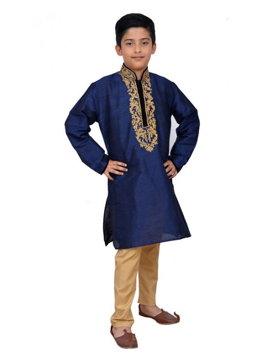 NAVY BLUE HEAVILY EMBROIDERED KURTA SET AND PYJAMA READY MADE BOYS SUIT