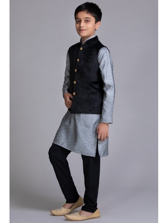 GREY AND BLACK CHILDREN SHALWAR KAMEEZ WAISTCOAT SUIT