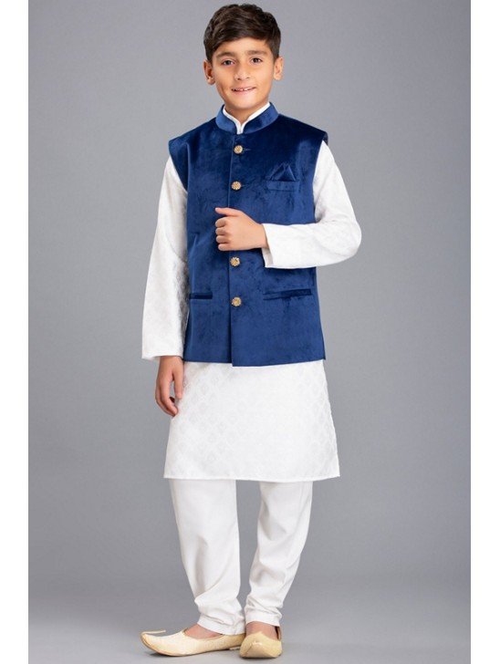 WHITE KURTA SHALWAR & BLUE WAISTCOAT PAKISTANI BOYS WEAR SUIT