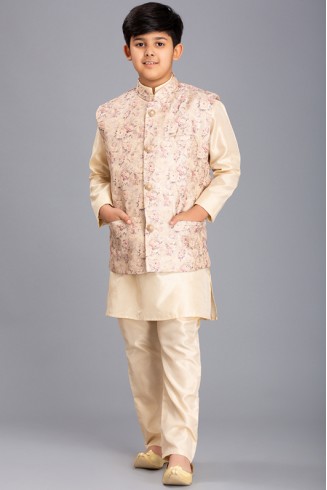 CREAM AND GOLD NEHRU JACKET, KURTA AND PAJAMA BOYS WEAR EID SUIT