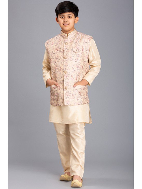 CREAM AND GOLD NEHRU JACKET, KURTA AND PAJAMA BOYS WEAR EID SUIT