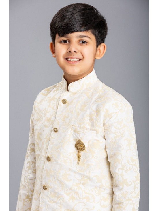 WHITE JACQUARD JACKET STYLE KURTA AND PAJAMA YOUNG BOYS EID SUIT