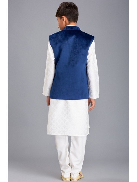 WHITE KURTA SHALWAR & BLUE WAISTCOAT PAKISTANI BOYS WEAR SUIT