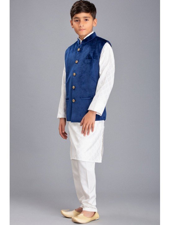 WHITE KURTA SHALWAR & BLUE WAISTCOAT PAKISTANI BOYS WEAR SUIT