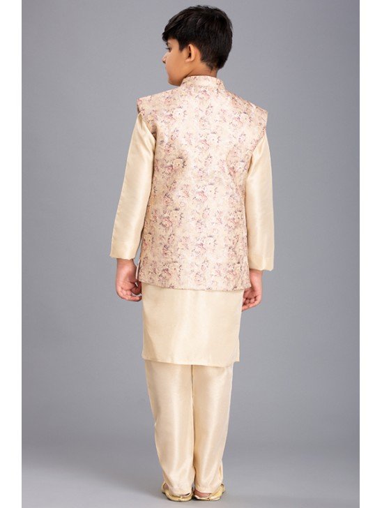 CREAM AND GOLD NEHRU JACKET, KURTA AND PAJAMA BOYS WEAR EID SUIT