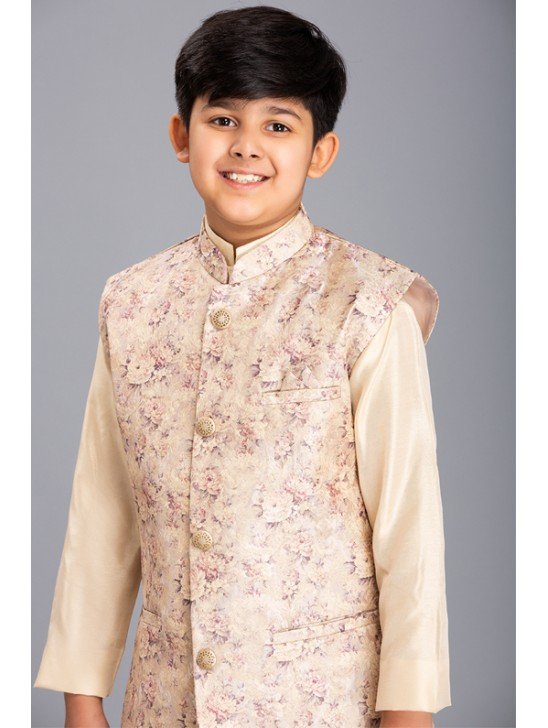 CREAM AND GOLD NEHRU JACKET, KURTA AND PAJAMA BOYS WEAR EID SUIT