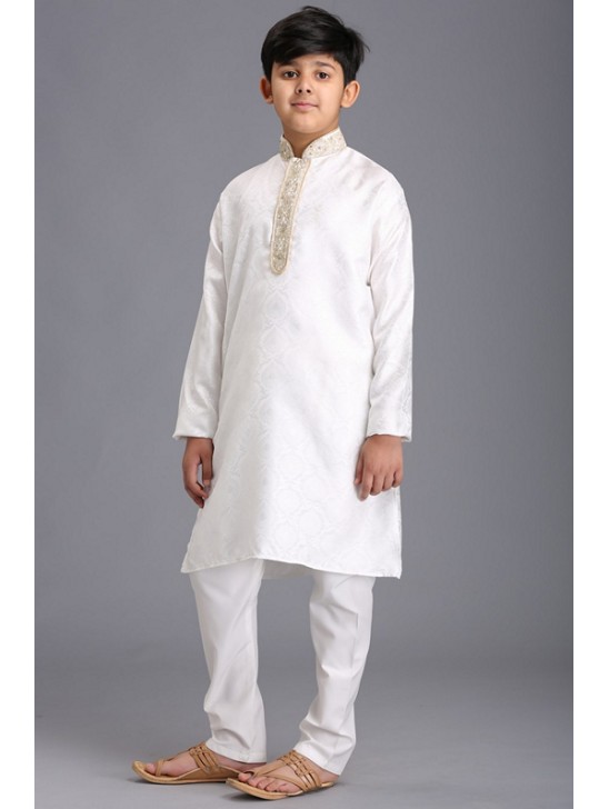 OFF WHITE INDIAN DESIGNER YOUNG BOYS KURTA PAJAMA READYMADE SUIT