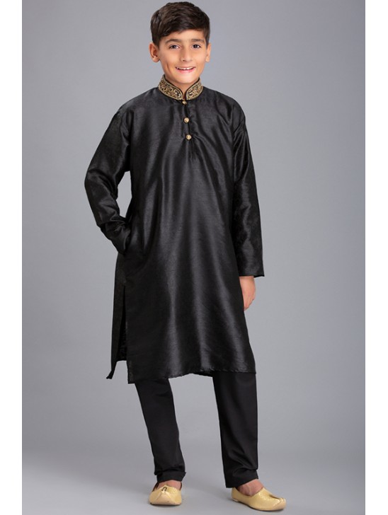 BLACK STITCHED BOYS KURTA AND PAJAMA EID SUIT