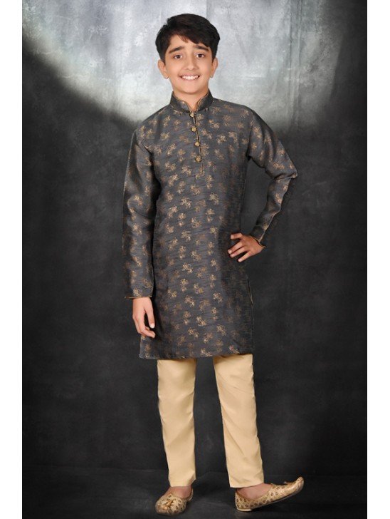 GREY PRINTED FESTIVE WEAR PAKISTANI KIDS KURTA & PYJAMA