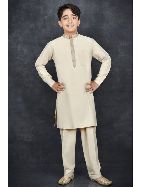 Beige Pakistani Boys Eid Kurta Shalwar