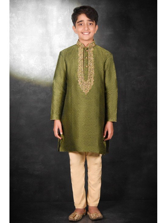 Mehndi & Cream Kurta Pajama Boys Ethnic Suit