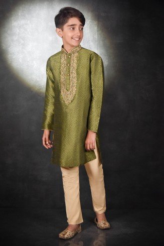 Mehndi & Cream Kurta Pajama Boys Ethnic Suit