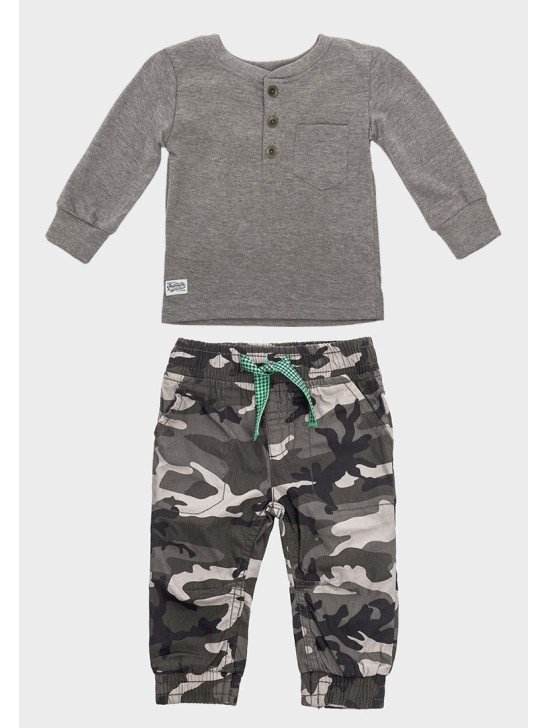 Charcoal Grey Boys Designer Top + Camo Pants Set