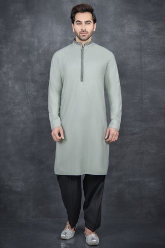 ASH GREEN & BLACK PUNJABI MEN'S READYMADE KURTA SALWAR