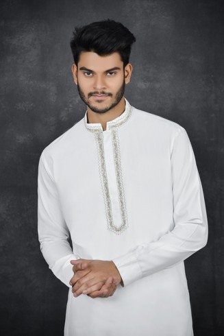 OFF WHITE PAKISTANI MEN’S STYLISH KURTA SALWAR 