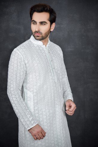 BRILLIANT WHITE CHIKENKARI KURTA AND SHALWAR MEN'S SUIT