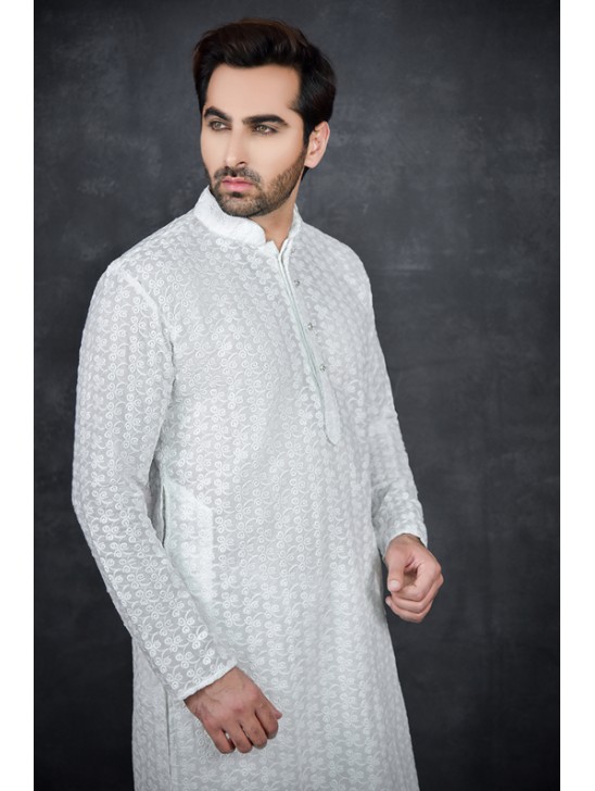 BRILLIANT WHITE CHIKENKARI KURTA AND SHALWAR MEN S SUIT