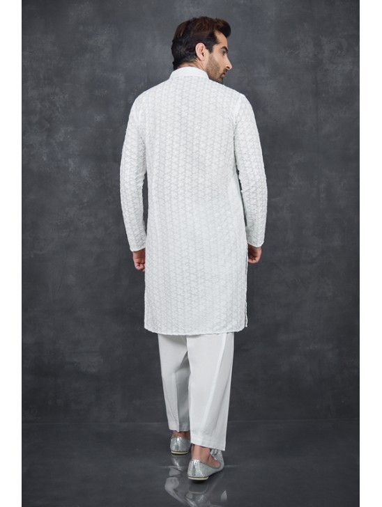 BRILLIANT WHITE CHIKENKARI KURTA AND SHALWAR MEN S SUIT