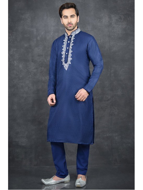 CLASSIC BLUE EMBROIDERED MEN S KURTA PAJAMA SUIT