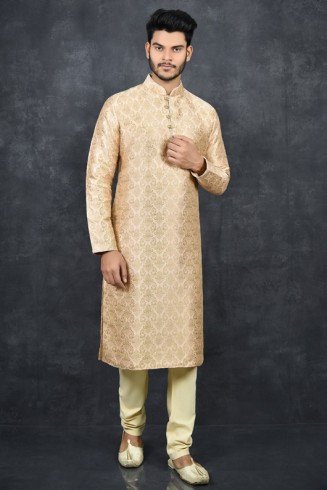 Coral Peach Jacquard Embroidered Ethnic Men’s Readymade Kurta Pajama