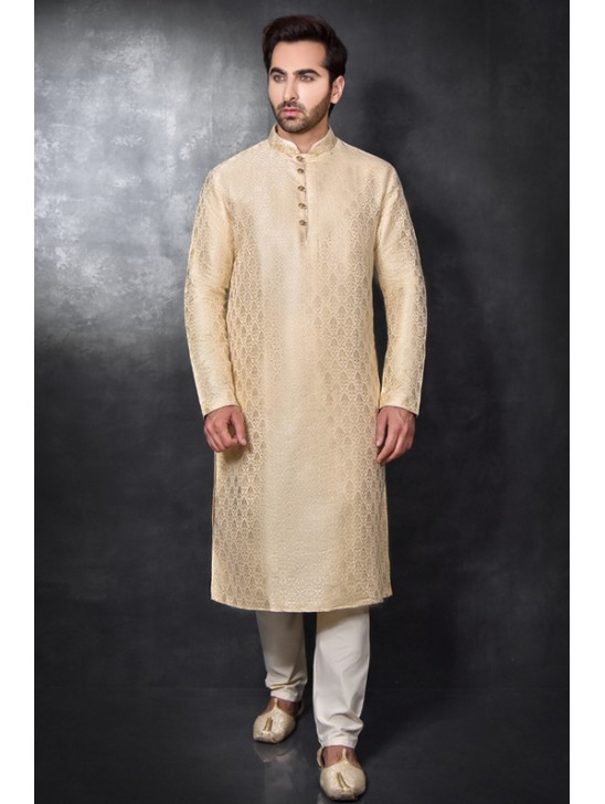 Punjabi Kurta Pakistani Shalwar In Peach Jacquard Fabric