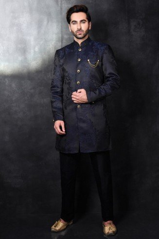 NAVY BLUE INDIAN ETHNIC STYLE MEN'S WEAR COAT PANT SET