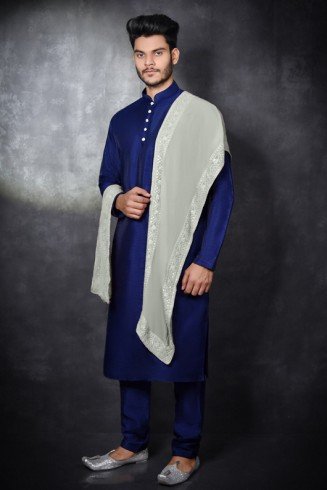 NAVY BLUE MENSWEAR ETHNIC KURTA PAJAMA & STOLE