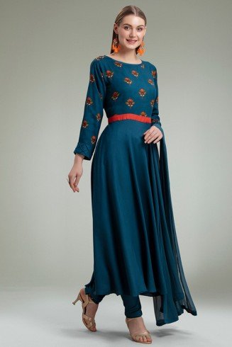 PEACOCK BLUE AFGHANI STYLE READYMADE FLARED DRESS