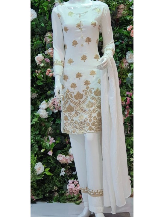 White & Gold Pakistani Designer Readymade Suit