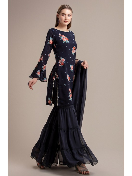 NAVY BLUE FLORAL PRINTED GHARARA SUIT