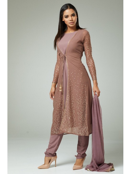 DEEP MAUVE INDIAN WEDDING JACKET STYLE READYMADE DRESS