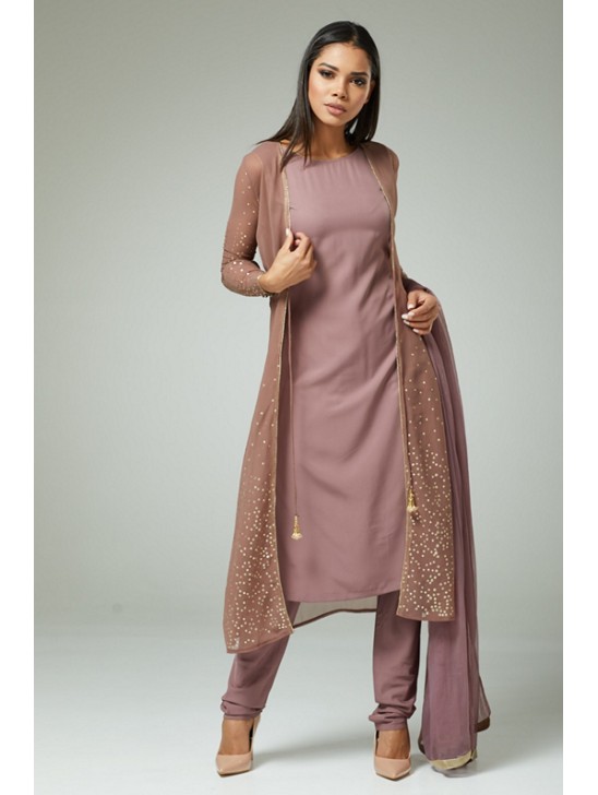 DEEP MAUVE INDIAN WEDDING JACKET STYLE READYMADE DRESS