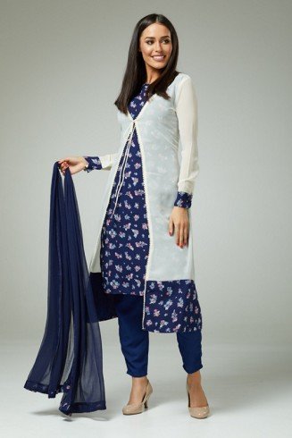 CLASSIC BLUE FLORAL PRINTED JACKET STYLE SALWAR SUIT