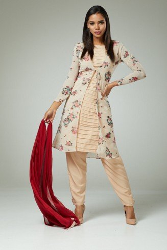 PEACH FASHIONABLE JACKET STYLE FLORAL PRINTED SALWAR SUIT