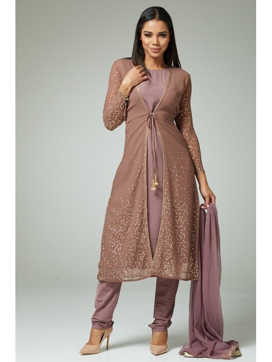 DEEP MAUVE INDIAN WEDDING JACKET STYLE READYMADE DRESS