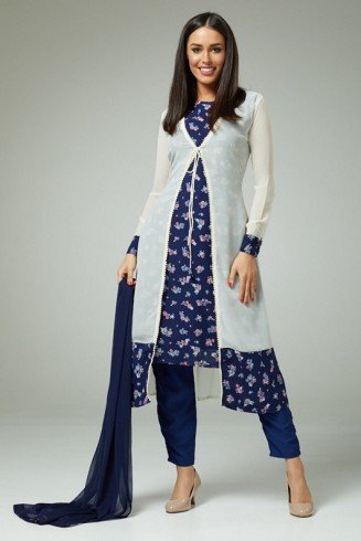 CLASSIC BLUE FLORAL PRINTED JACKET STYLE SALWAR SUIT