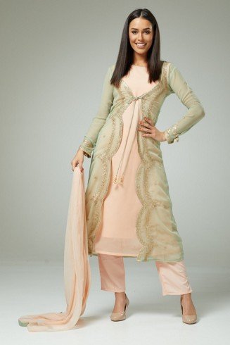 PERFECT EMBROIDERED PISTA PEACH JACKET STYLE PARTY WEAR READY MADE SUIT  