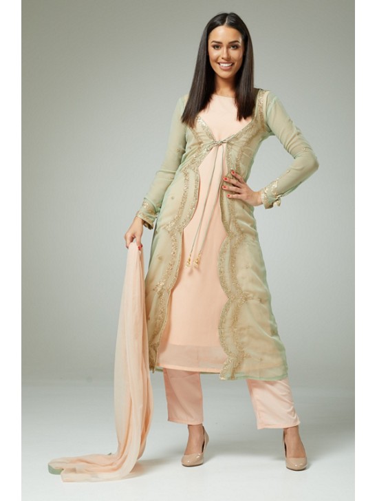 PERFECT EMBROIDERED PISTA PEACH JACKET STYLE PARTY WEAR READY MADE SUIT