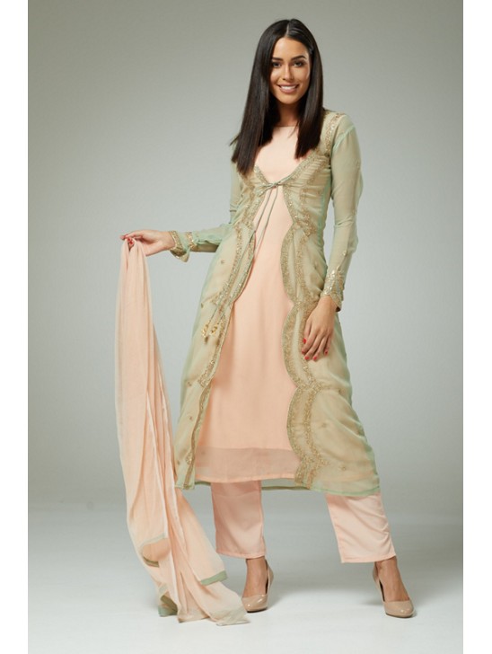 PERFECT EMBROIDERED PISTA PEACH JACKET STYLE PARTY WEAR READY MADE SUIT