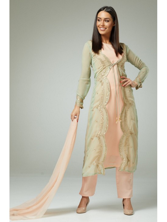 PERFECT EMBROIDERED PISTA PEACH JACKET STYLE PARTY WEAR READY MADE SUIT