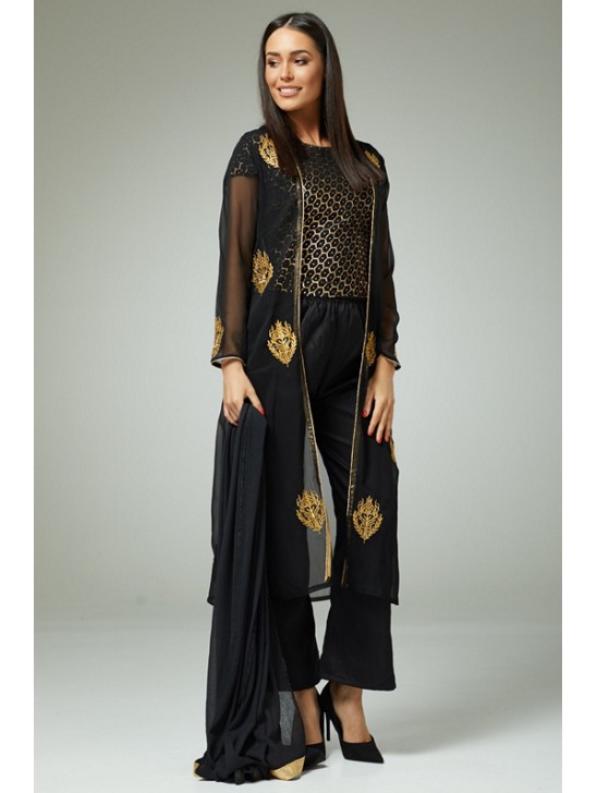 Black Gold Modern Flamboyant Outfit Readymade Suit