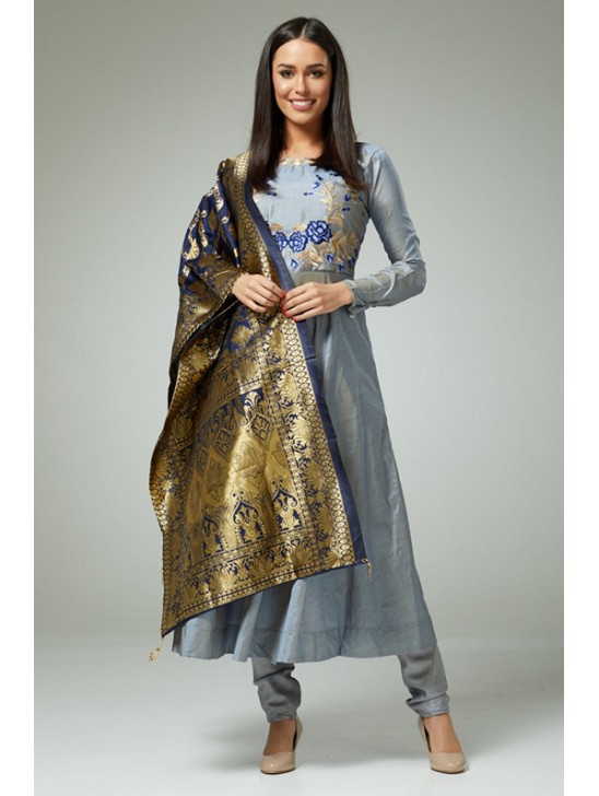 SILVER INDIAN ETHNIC PARTY WEAR SALWAR KAMEEZ WITH BANARSI DUPATTA