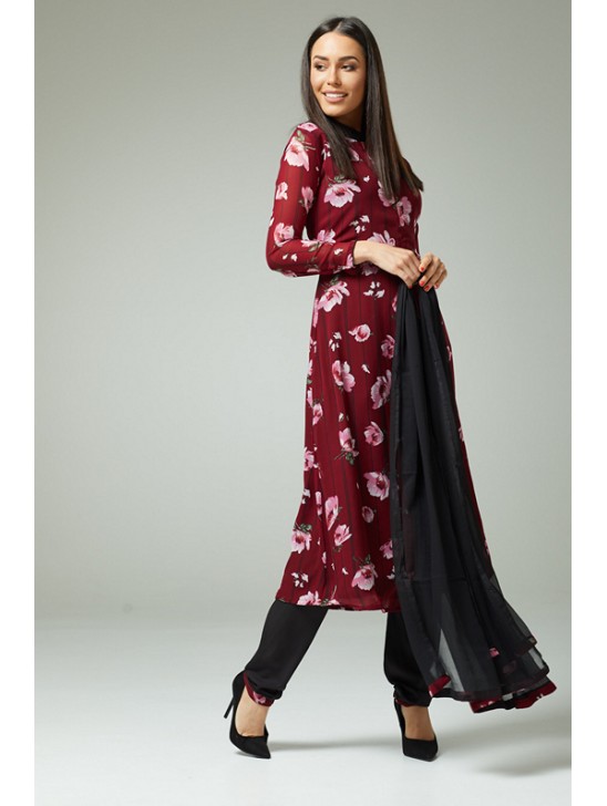 MAROON BLACK FLORAL PRINTED SUMMER STYLISH SALWAR SUIT