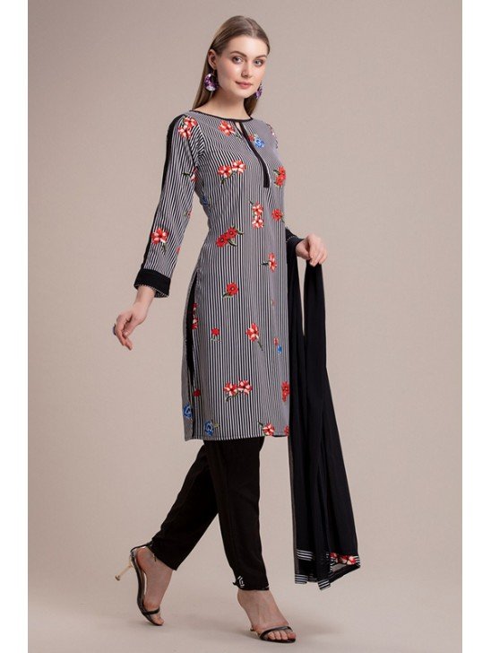 GRACEFUL BLACK AND WHITE FLORAL PRINTED SALWAR KAMEEZ SUIT