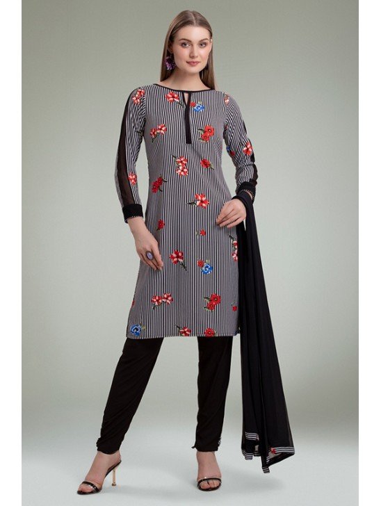 GRACEFUL BLACK AND WHITE FLORAL PRINTED SALWAR KAMEEZ SUIT