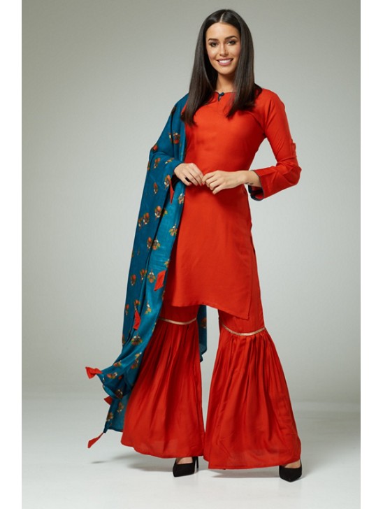 RED PAKISTANI WEDDING STYLE GHARARA SUIT