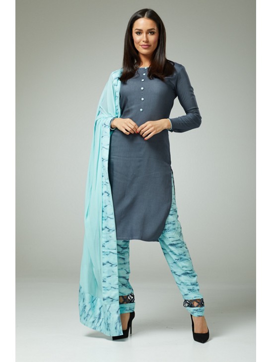 DARK GREY AND SKY BLUE FLORAL PRINTED SALWAR KAMEEZ